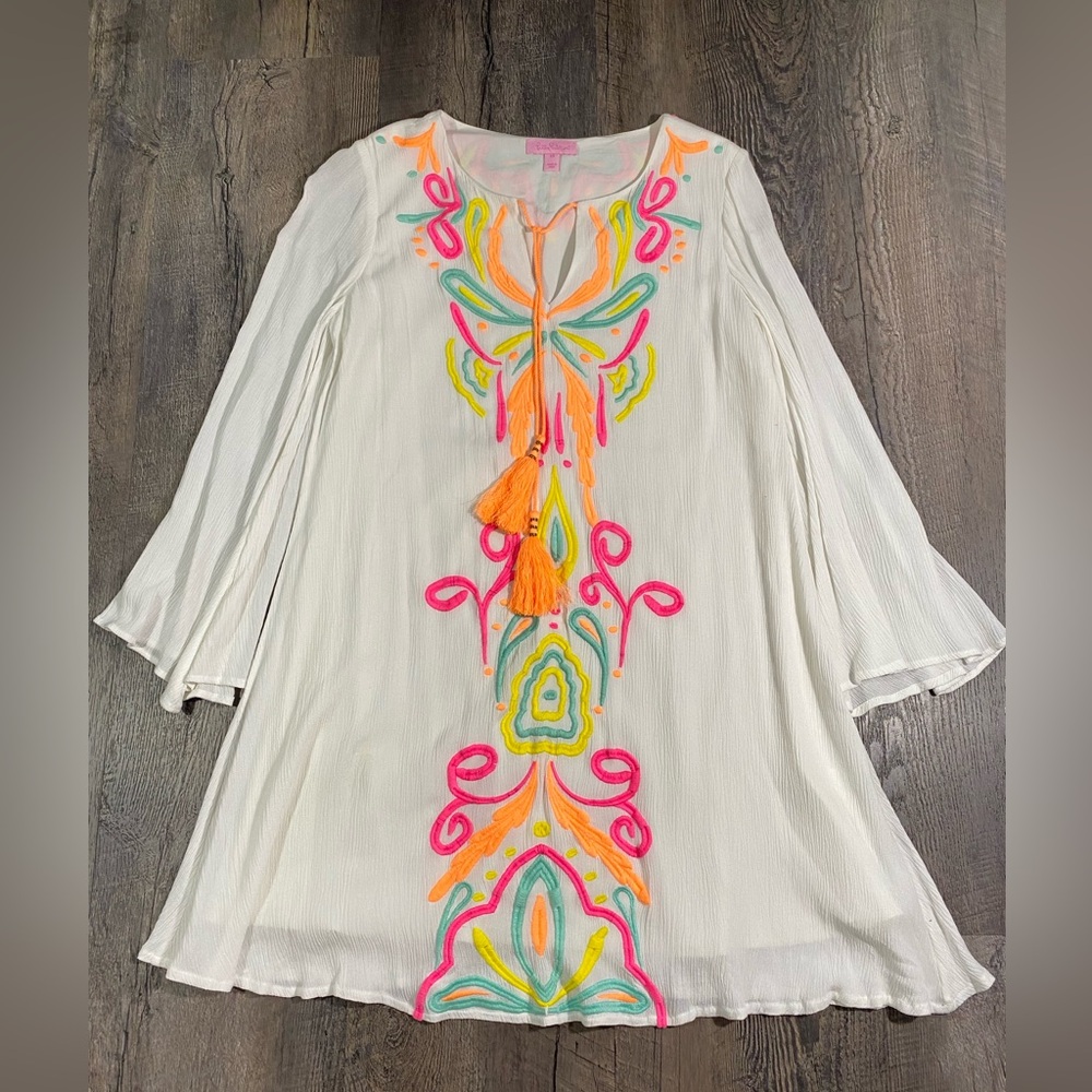 LILLY PULITZER Ellie Tunic Dress Resort White Neon Embroidery Tassels B… - Picture 1 of 7